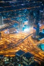 Dubai, UAE, United Arab Emirates - May 25, 2021: Aerial View Of Street Night Traffic Of Illuminated Cityscape With Royalty Free Stock Photo