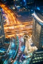 Dubai, UAE, United Arab Emirates - May 25, 2021: Aerial View Of Urban Background Of Illuminated Cityscape With Towers In Royalty Free Stock Photo