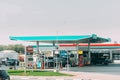 Dubai, UAE, United Arab Emirates - May 28, 2021: Car refuel at ENOC oil station in sunny summer day. ENOC, Emirates