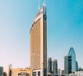Dubai, UAE, United Arab Emirates - May 28, 2021: View of hotel Address Dubai Marina against clear sky. View of
