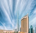 Dubai, UAE, United Arab Emirates - May 28, 2021: View of hotel Address Dubai Marina, Dubai mall and Burj Khalifa against Royalty Free Stock Photo