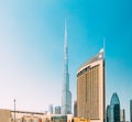 Dubai, UAE, United Arab Emirates - May 28, 2021: View of hotel Address Dubai Marina, Dubai mall and Burj Khalifa against