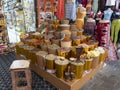 Dubai, UAE. View of the old Bur Dubai spices souk market in Creek district. Colorful stores with different spices Royalty Free Stock Photo