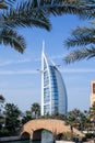 Burj Al Arab hotel in form of a sailing boat viewed from the Souk Madinat Jumeirah.