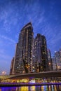 Dubai high-rise buildings during blue hour at the busy marina area Royalty Free Stock Photo