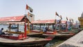 Dubai, United Arab Emirates. The abras are traditional boats made of wood. Abras are used to ferry people across the Dubai Creek Royalty Free Stock Photo