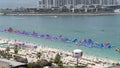 Dubai, United Arab Emirates. Amazing aerial view of the beach and seaside at Dubai Marina. Iconic destination for tourists
