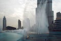 DUBAI, UNITED ARAB EMIRATES - APRIL 25, 2018: Evening fountain show near Dubai Mall