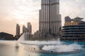 DUBAI, UNITED ARAB EMIRATES - APRIL 25, 2018: Evening fountain show near Dubai Mall