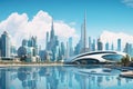 Dubai, United Arab Emirates - 3D rendering of a modern city, Panoramic view of Museum of Future and Emirates towers buildings, AI