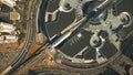 DUBAI, UNITED ARAB EMIRATES - DECEMBER 28, 2019. Aerial top down view of the monorail station and the Nakheel Mall on