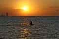 A lone wind surfer rides the sea against the backdrop of a golden sunset dubai Royalty Free Stock Photo