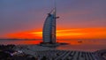Dubai/United Arab Emirates, 2018, Famous luxury 7 Star Hotel in the World Burj Al Arab Jumeirah, Colorful Night View with Cloudy s Royalty Free Stock Photo
