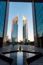 Dubai, United Arab Emirates - February 14, 2020: The Dubai International Financial Centre DIFC and Emirates towers in downtown Royalty Free Stock Photo