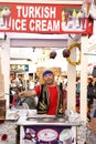 Dubai, United Arab Emirates - February 5, 2023 turkish ice cream seller in a stall in global village dubai