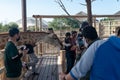 Dubai, United Arab Emirates Ã¢â¬â January 22, 2021, people feeding giraffe in Dubai Safari Park Dubai Zoo Royalty Free Stock Photo