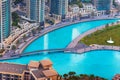 Dubai, United Arab Emirates - July 5, 2019: Dubai downtown skyline and Burj Khalifa Lake at sunset