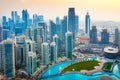 Dubai, United Arab Emirates - July 5, 2019: Dubai downtown skyline and Burj Khalifa Lake at sunset