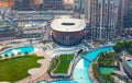 Dubai, United Arab Emirates - July 5, 2019: Dubai opera building and modern surroundings top view