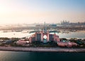 Dubai, United Arab Emirates - June 5, 2019: Atlantis hotel and the Palm island in Dubai aerial view Royalty Free Stock Photo