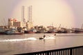 DUBAI-UNITED ARAB EMIRATES ON 21 JUNE 2017.Single Moving fishing boat and Many Commercial fishing boats are tied ,in sea.