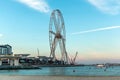 Dubai, United Arab Emirates - March 20, 2019: Bluewaters island with huge metallic mushrooms structure and Ferris wheel also calle