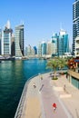 Dubai, United Arab Emirates - March 8, 2018: Dubai marina panoramic view with modern skyscrapers and calm water, United Arab Emir Royalty Free Stock Photo
