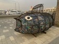Dubai, United Arab Emirates - March 11, 2023: Recycle bin in the shape of a fish in Port Rashid