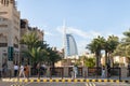 View from the bridge leading to the Souk Madinat Jumeirah market to the Burj Al Arab Hotel in Dubai city, United Arab Emirates