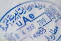 Dubai, United Arab Emirates - May 2019: closeup on customs border control admission stamp