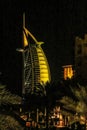 Dubai, United Arab Emirates - 03/20/2019 - Night view of Burj Al Arab, Seven Star Hotel, A view from Souk Madinat Jumeirah, Reside Royalty Free Stock Photo