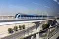 Dubai metro train on rails. Famous outdoor subway Red Line