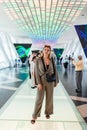 DUBAI; UNITED ARAB EMIRATES - November 08; 2021: Woman tourist inside the observation deck in Dubai Frame Museum