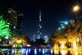 DUBAI, UNITED ARAB EMIRATES - OCTOBER 18, 2017: Dubai night scene with Burj Khalifa view and colorful fountain Royalty Free Stock Photo