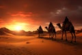 Dubais desert charm 3D camel caravan on sand under a sunset Royalty Free Stock Photo
