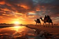 Dubais desert charm 3D camel caravan on sand under a sunset Royalty Free Stock Photo