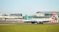 Dubli, Ireland - 10.11.2021: British Airways airplane on the Dublin airport. Commercial airplane jetliner landing in beautiful sun Royalty Free Stock Photo