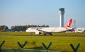 Dubli, Ireland - 10.11.2021: Turkish Airlines on the Dublin airport. Commercial airplane jetliner landing in beautiful sunset ligh Royalty Free Stock Photo