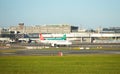 Dubli, Ireland - 10.11.2021: Turkish Airlines on the Dublin airport. Commercial airplane jetliner landing in beautiful sunset ligh Royalty Free Stock Photo