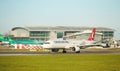 Dubli, Ireland - 10.11.2021: Turkish Airlines on the Dublin airport. Commercial airplane jetliner landing in beautiful sunset ligh Royalty Free Stock Photo