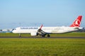 Dubli, Ireland - 10.11.2021: Turkish Airlines on the Dublin airport. Commercial airplane jetliner landing in beautiful sunset ligh Royalty Free Stock Photo