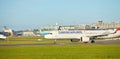 Dubli, Ireland - 10.11.2021: Turkish Airlines on the Dublin airport. Commercial airplane jetliner landing in beautiful sunset ligh Royalty Free Stock Photo