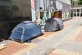 Dublin city center, Ireland - 07.06.2021: Homeless tents by ilac shopping centre