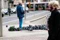 Dublin city, Ireland - 21.01.2022: A man feeding a flock of pigeons by St Stephen`s Green park and Shopping center. Pigeons Royalty Free Stock Photo