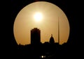 Dublin city, Ireland skyline at sunset with famous Spire and Custom house silhouetted Royalty Free Stock Photo