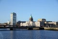 Dublin cityscape with the Liffey River and the old bridge, behind which you can see old buildings and modern skyscrapers, a Royalty Free Stock Photo