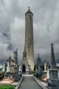 Ancient graves and tombstones in Glasnevin Cemetery with Round Tower, Ireland