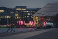 Dublin, Ireland - 21.01.2022: Beautiful Grand Canal square illuminated at dusk. Popular town area with high cost of living