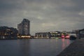 Dublin, Ireland - 21.01.2022: Beautiful Grand Canal square illuminated at dusk. Popular town area with high cost of living