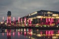 Dublin, Ireland - 21.01.2022: Beautiful Grand Canal square illuminated at dusk. Popular town area with high cost of living